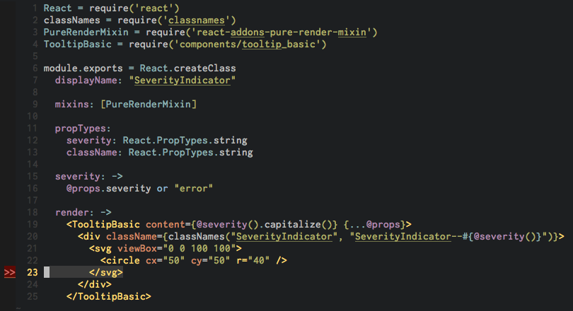severity_indicator.cjsx open in an editor, with an error marker on line 23 at the closing svg tag.