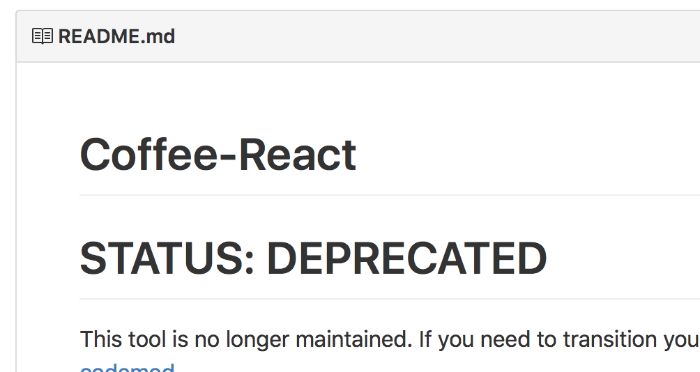 The Coffee-React README on GitHub, headed “STATUS: DEPRECATED”.