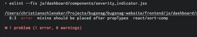 After eslint --fix, one problem remains: mixins should be placed after propTypes.