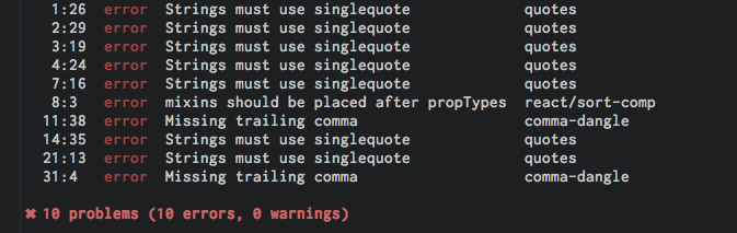 ESLint reports 10 problems: strings that must use single quotes, missing trailing commas, and mixins placed before propTypes.